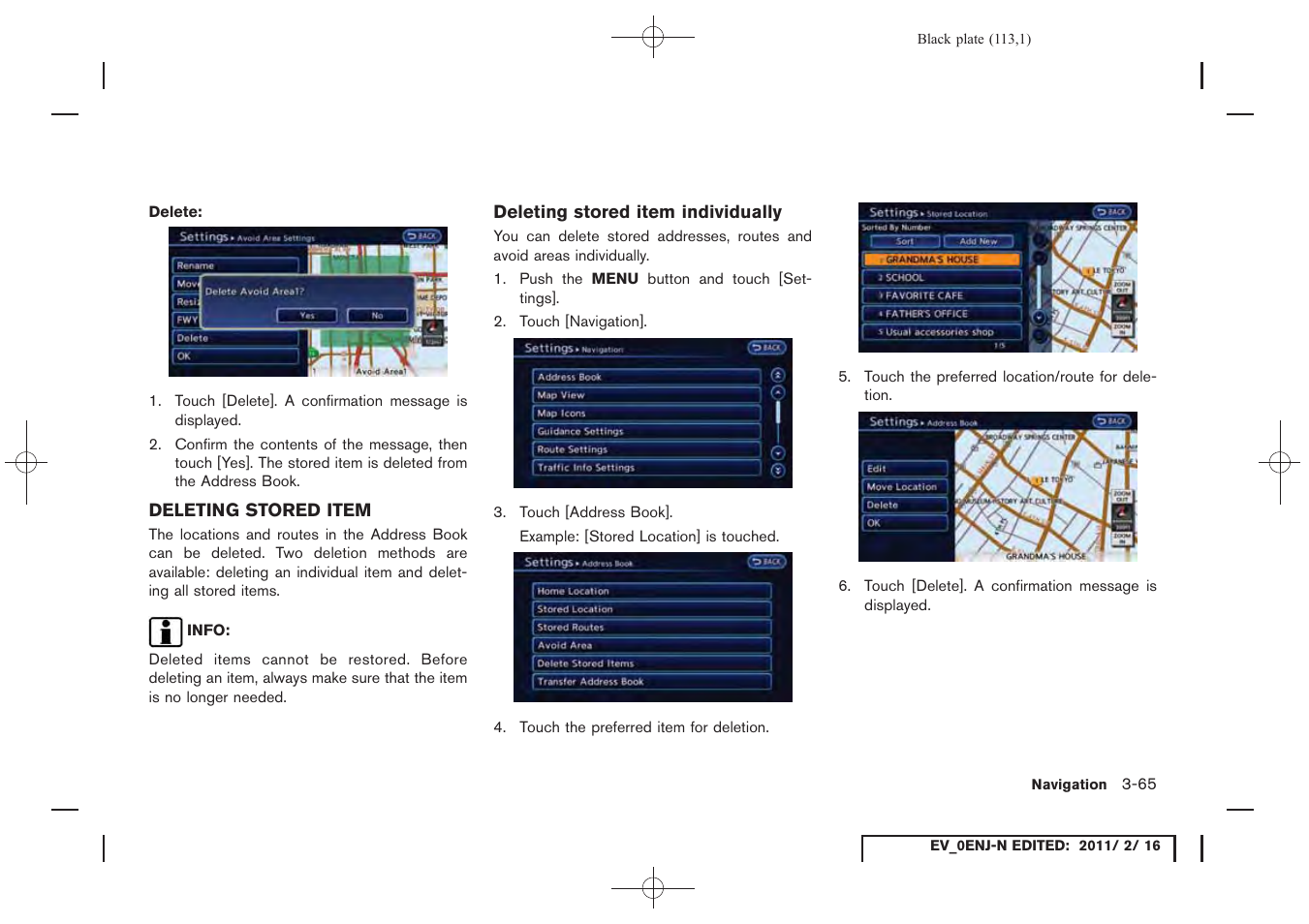 Deleting stored item -65 | NISSAN 2011 LEAF - Navigation System Owner's Manual User Manual | Page 119 / 259