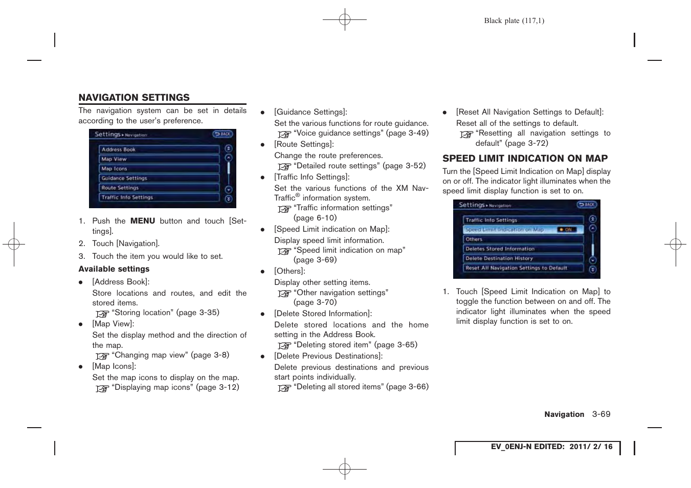 Navigation settings -69, Speed limit indication on map -69 | NISSAN 2011 LEAF - Navigation System Owner's Manual User Manual | Page 123 / 259