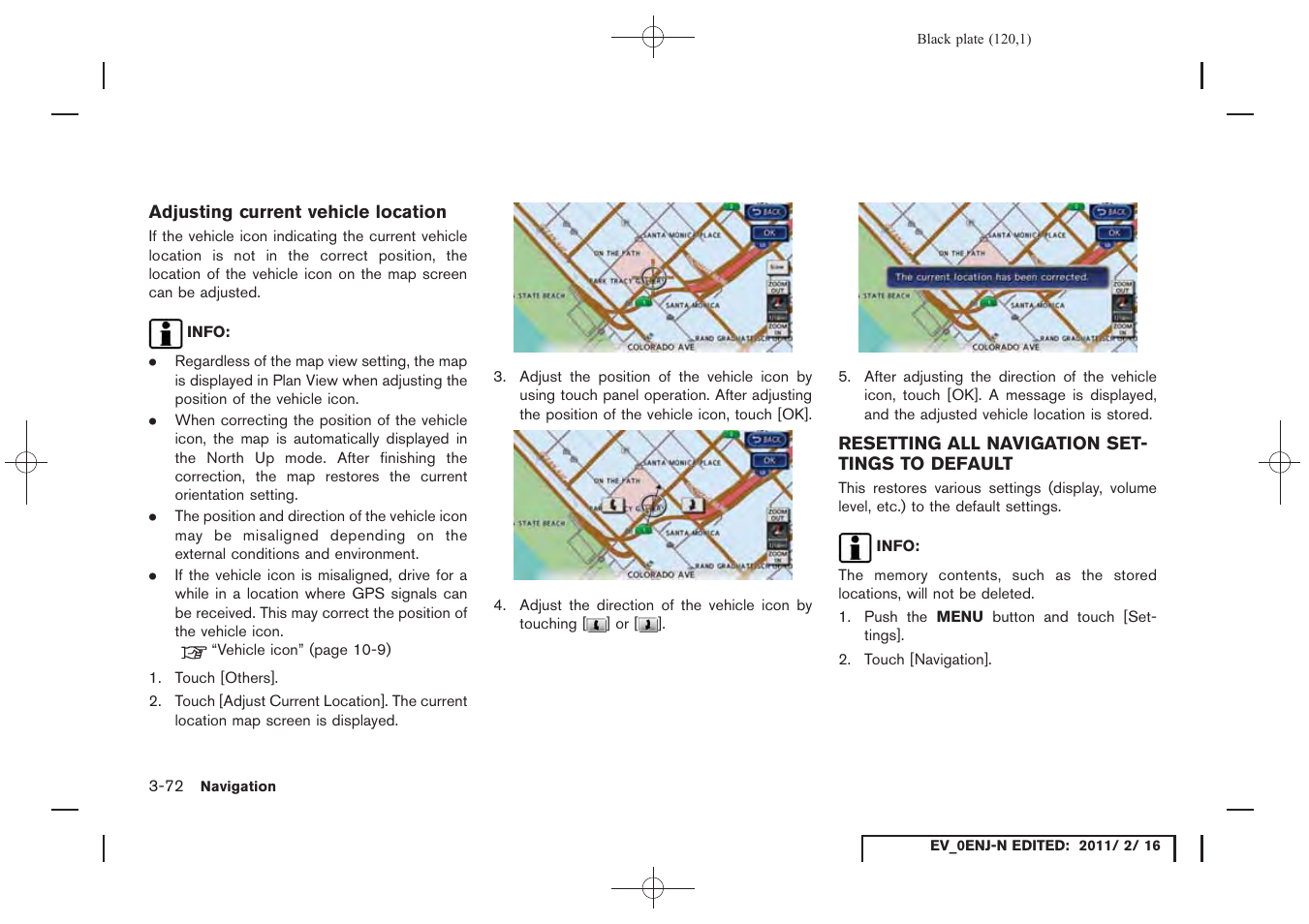 Resetting all navigation settings to default -72 | NISSAN 2011 LEAF - Navigation System Owner's Manual User Manual | Page 126 / 259