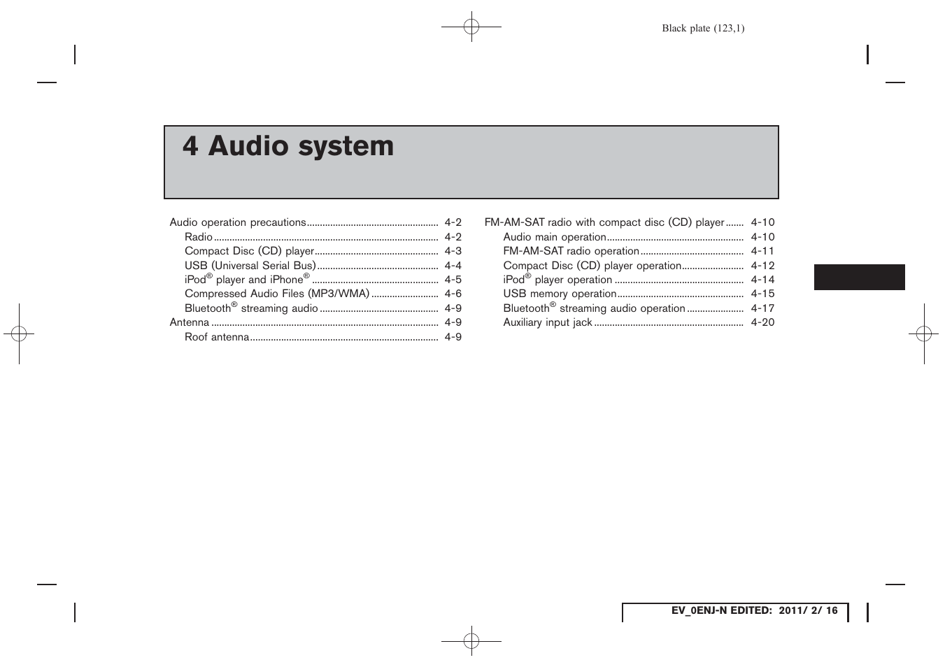 Audio system, 4 audio system | NISSAN 2011 LEAF - Navigation System Owner's Manual User Manual | Page 129 / 259