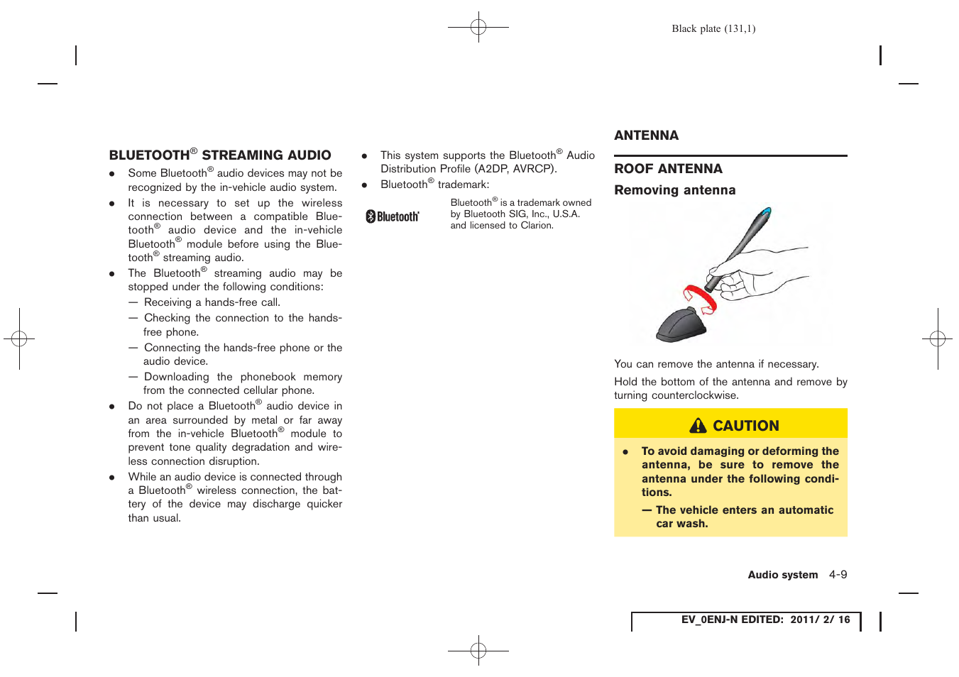 Bluetooth, Streaming audio -9, Antenna -9 | Roof antenna -9, Caution | NISSAN 2011 LEAF - Navigation System Owner's Manual User Manual | Page 137 / 259