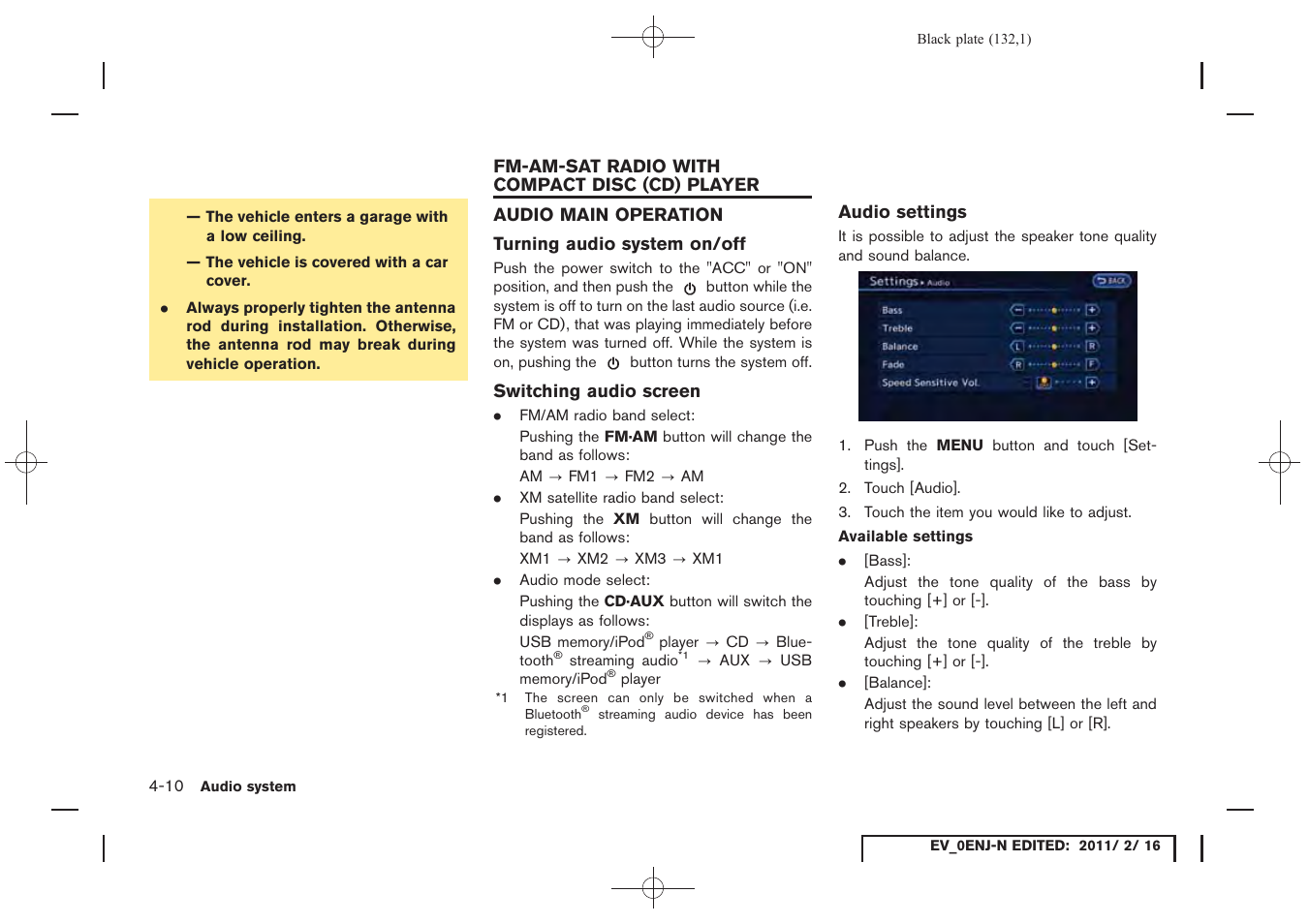 Fm-am-sat radio with compact disc (cd) player -10, Audio main operation -10 | NISSAN 2011 LEAF - Navigation System Owner's Manual User Manual | Page 138 / 259