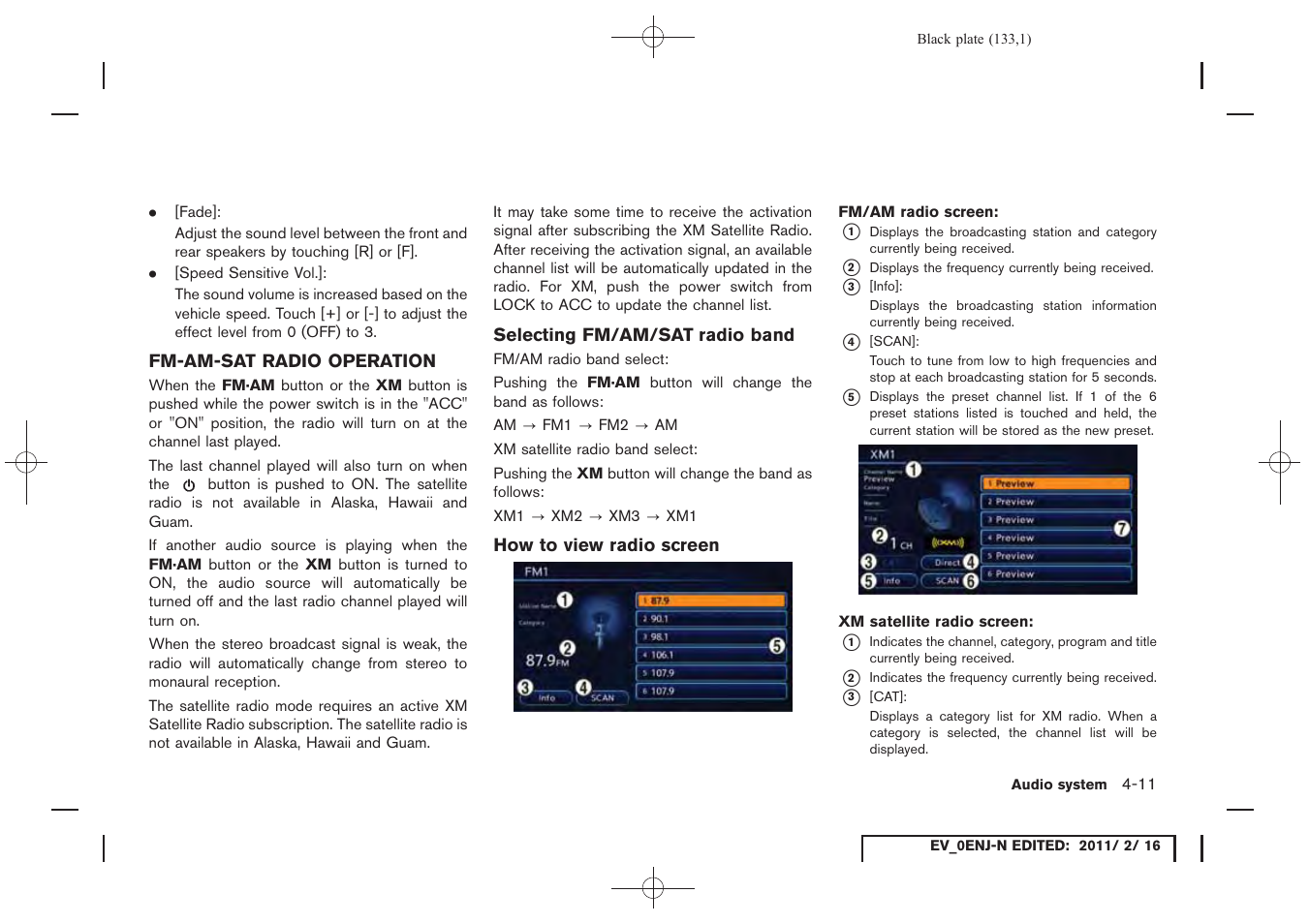 Fm-am-sat radio operation -11 | NISSAN 2011 LEAF - Navigation System Owner's Manual User Manual | Page 139 / 259