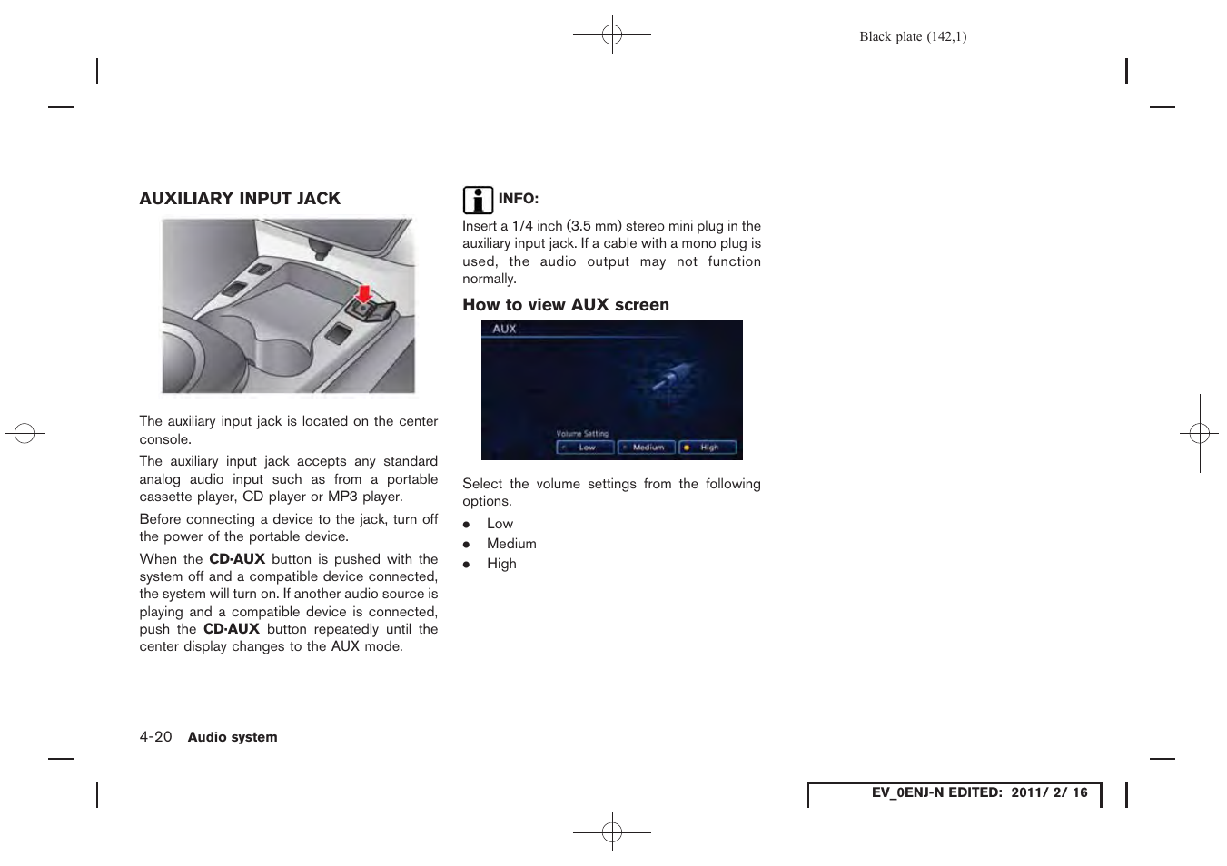 Auxiliary input jack -20 | NISSAN 2011 LEAF - Navigation System Owner's Manual User Manual | Page 148 / 259