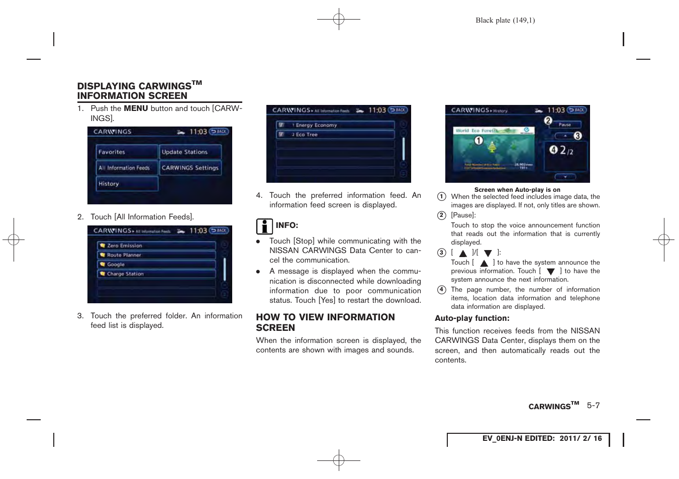 Displaying carwings, Information screen -7, How to view information screen -7 | NISSAN 2011 LEAF - Navigation System Owner's Manual User Manual | Page 155 / 259