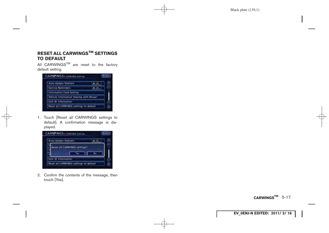 Reset all carwings, Settings to default -17 | NISSAN 2011 LEAF - Navigation System Owner's Manual User Manual | Page 165 / 259