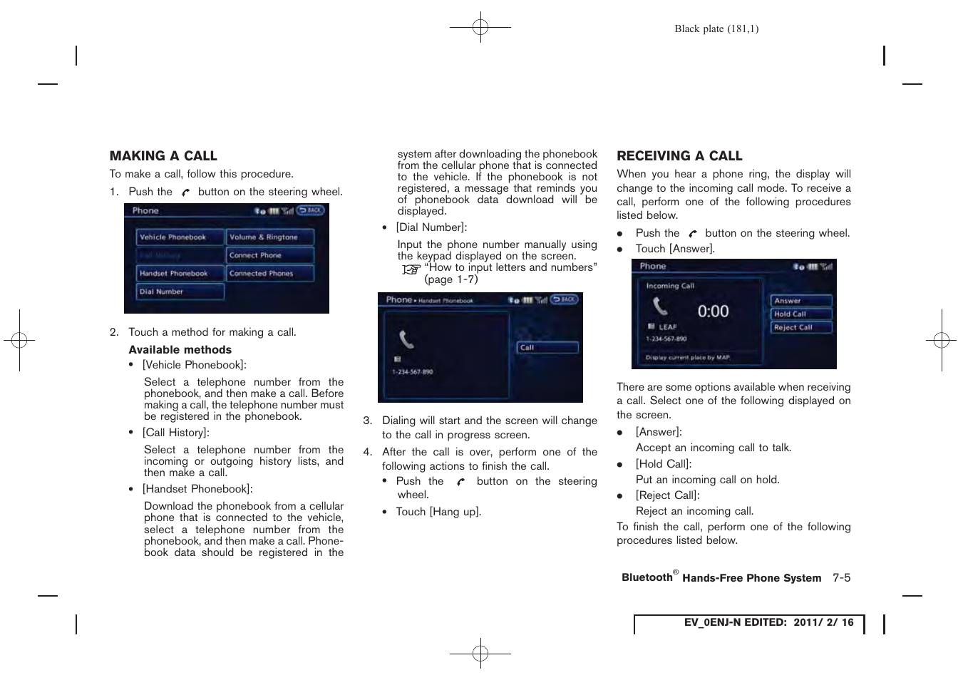 Making a call -5 receiving a call -5 | NISSAN 2011 LEAF - Navigation System Owner's Manual User Manual | Page 187 / 259