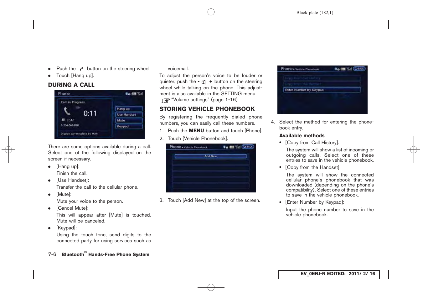 During a call -6 storing vehicle phonebook -6 | NISSAN 2011 LEAF - Navigation System Owner's Manual User Manual | Page 188 / 259