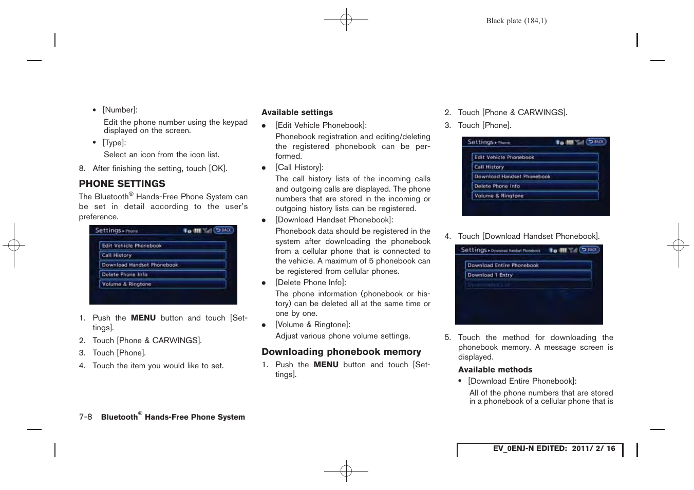 Phone settings -8 | NISSAN 2011 LEAF - Navigation System Owner's Manual User Manual | Page 190 / 259