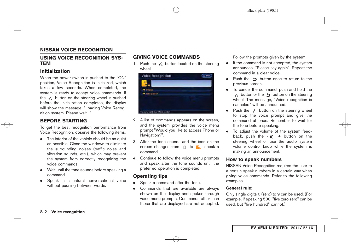 Nissan voice recognition -2, Giving voice commands -2 | NISSAN 2011 LEAF - Navigation System Owner's Manual User Manual | Page 196 / 259