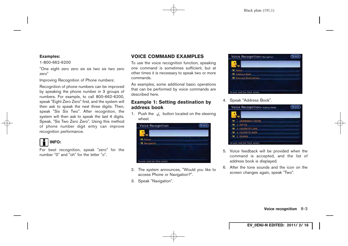 Voice command examples -3 | NISSAN 2011 LEAF - Navigation System Owner's Manual User Manual | Page 197 / 259