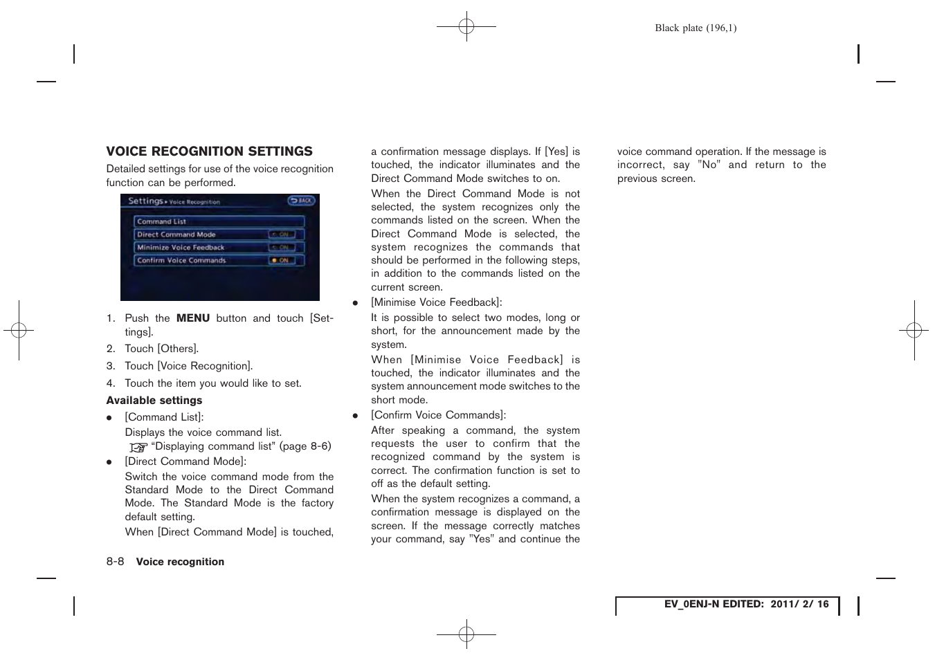 Voice recognition settings -8 | NISSAN 2011 LEAF - Navigation System Owner's Manual User Manual | Page 202 / 259