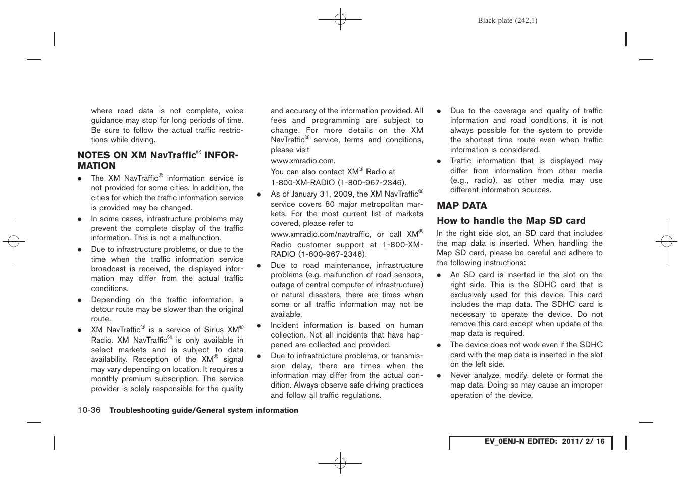 Notes on xm navtraffic, Information -36, Map data -36 | NISSAN 2011 LEAF - Navigation System Owner's Manual User Manual | Page 248 / 259