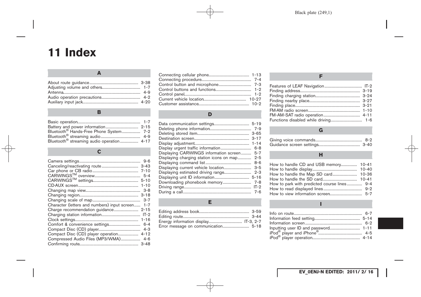 Index, 11 index | NISSAN 2011 LEAF - Navigation System Owner's Manual User Manual | Page 255 / 259