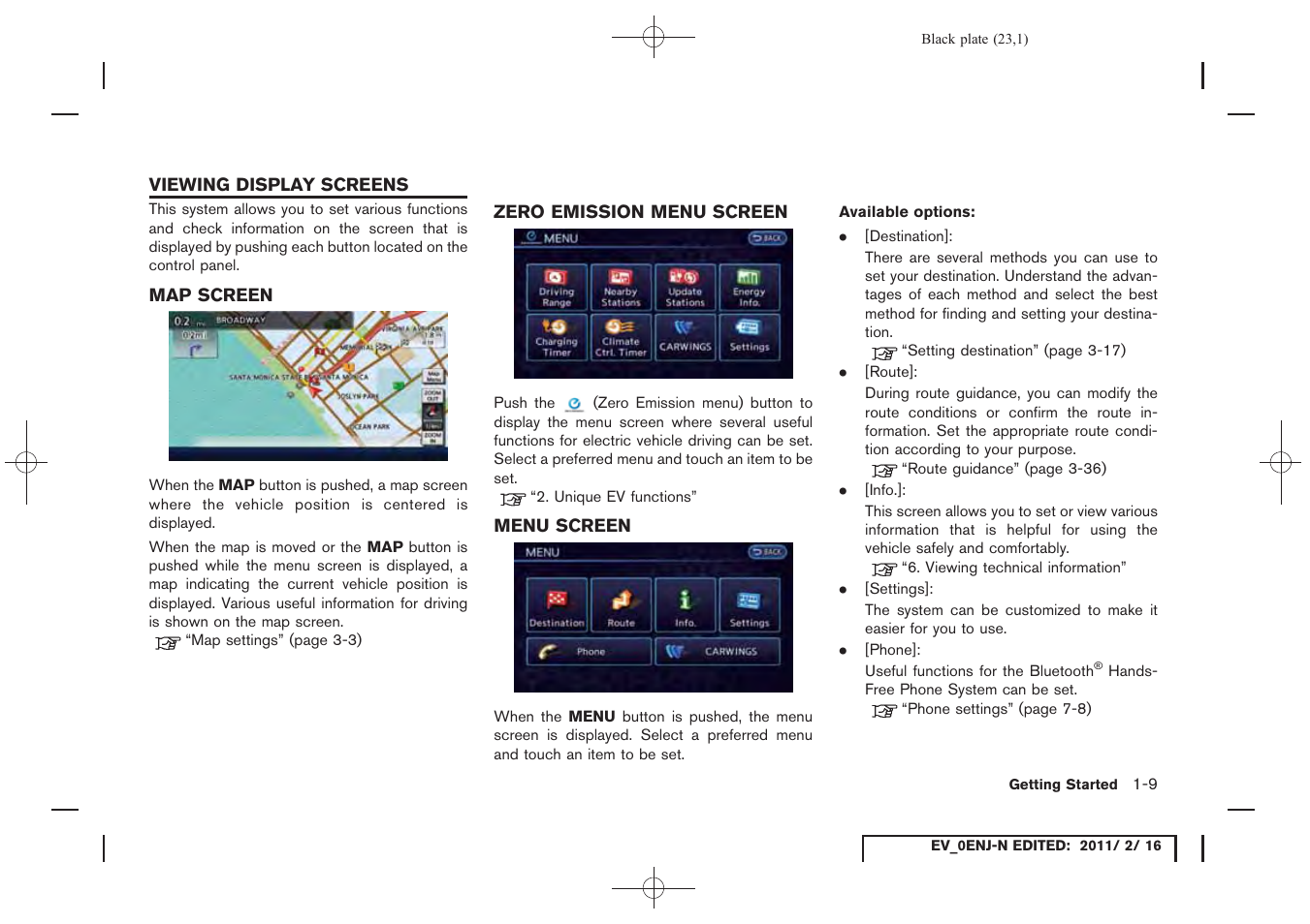Viewing display screens -9, Map screen -9 zero emission menu screen -9, Menu screen -9 | NISSAN 2011 LEAF - Navigation System Owner's Manual User Manual | Page 29 / 259