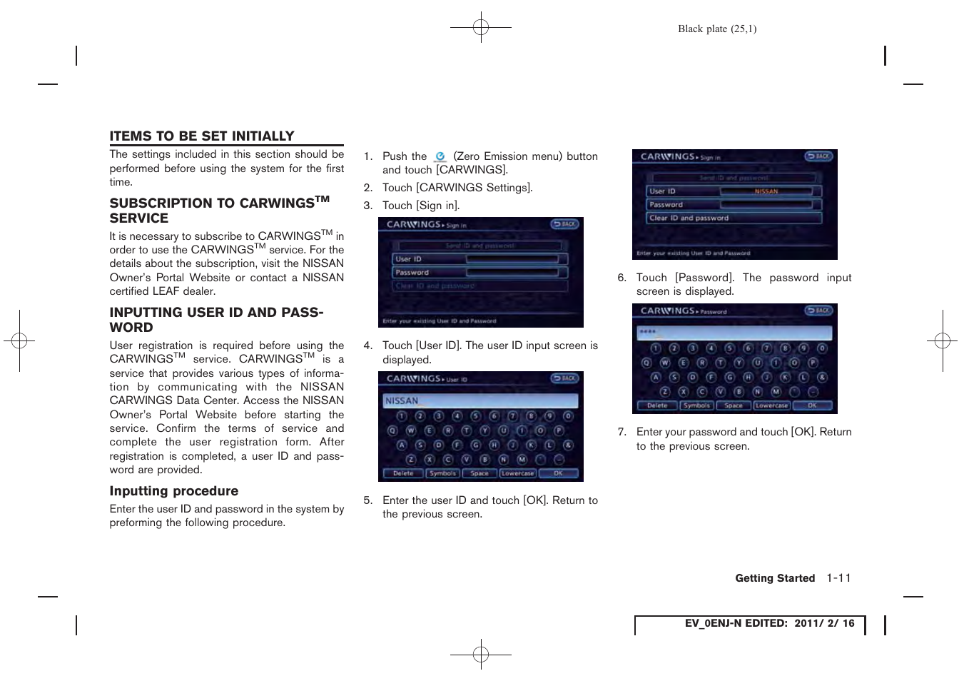 Items to be set initially -11, Subscription to carwings, Service -11 | Inputting user id and password -11 | NISSAN 2011 LEAF - Navigation System Owner's Manual User Manual | Page 31 / 259