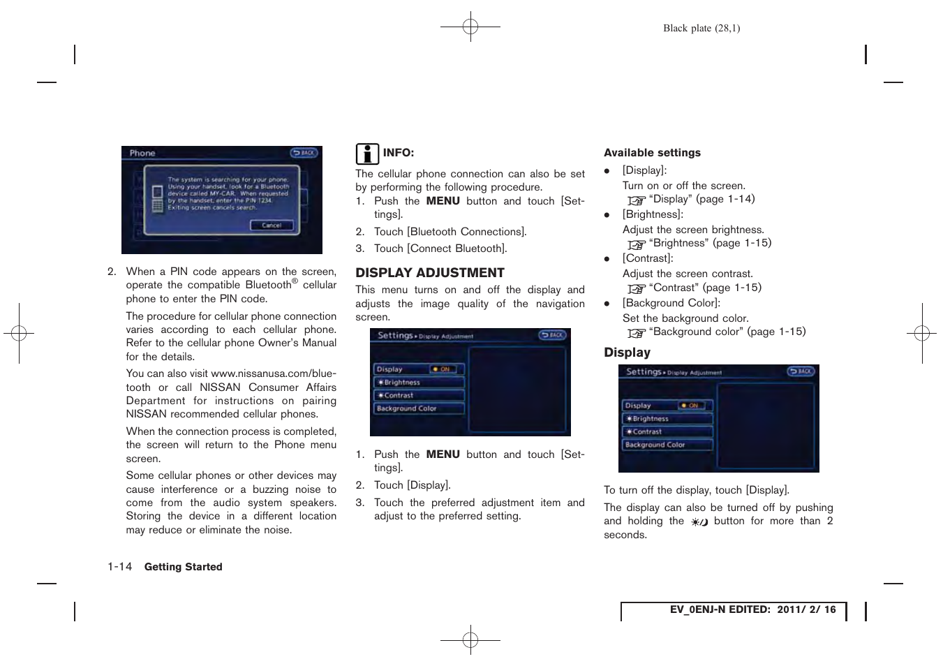 Display adjustment -14 | NISSAN 2011 LEAF - Navigation System Owner's Manual User Manual | Page 34 / 259