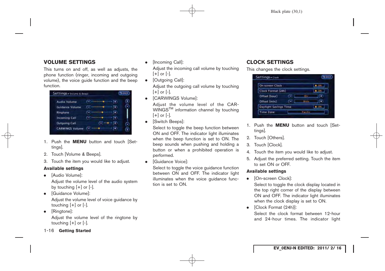 Volume settings -16 clock settings -16 | NISSAN 2011 LEAF - Navigation System Owner's Manual User Manual | Page 36 / 259