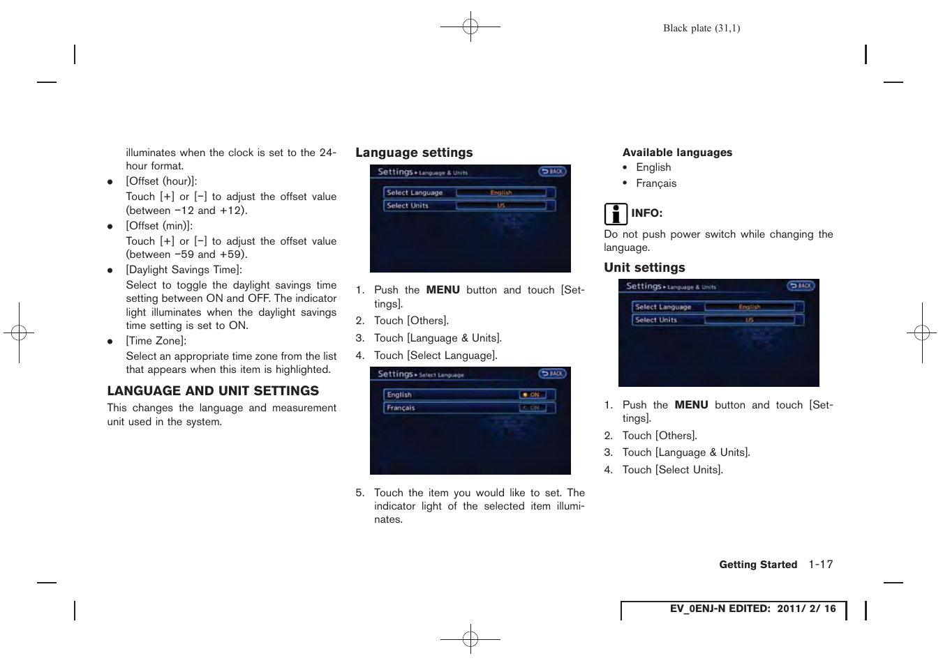 Language and unit settings -17 | NISSAN 2011 LEAF - Navigation System Owner's Manual User Manual | Page 37 / 259