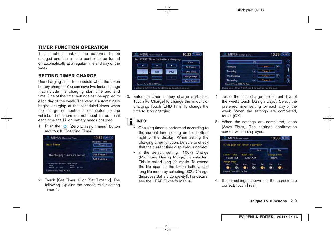 Timer function operation -9, Setting timer charge -9 | NISSAN 2011 LEAF - Navigation System Owner's Manual User Manual | Page 47 / 259