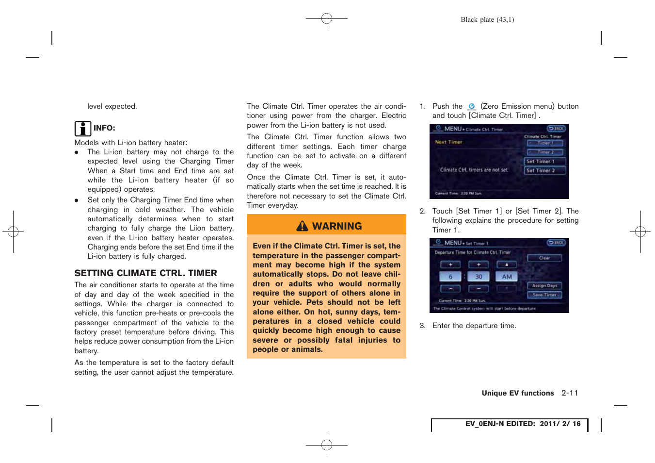 Setting climate ctrl. timer -11 | NISSAN 2011 LEAF - Navigation System Owner's Manual User Manual | Page 49 / 259