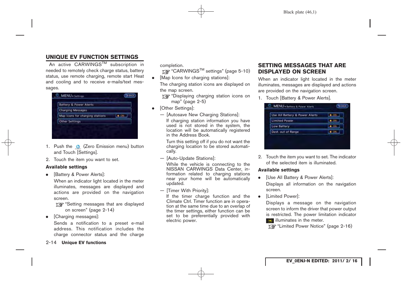 Unique ev function settings -14, Setting messages that are displayed on screen -14 | NISSAN 2011 LEAF - Navigation System Owner's Manual User Manual | Page 52 / 259