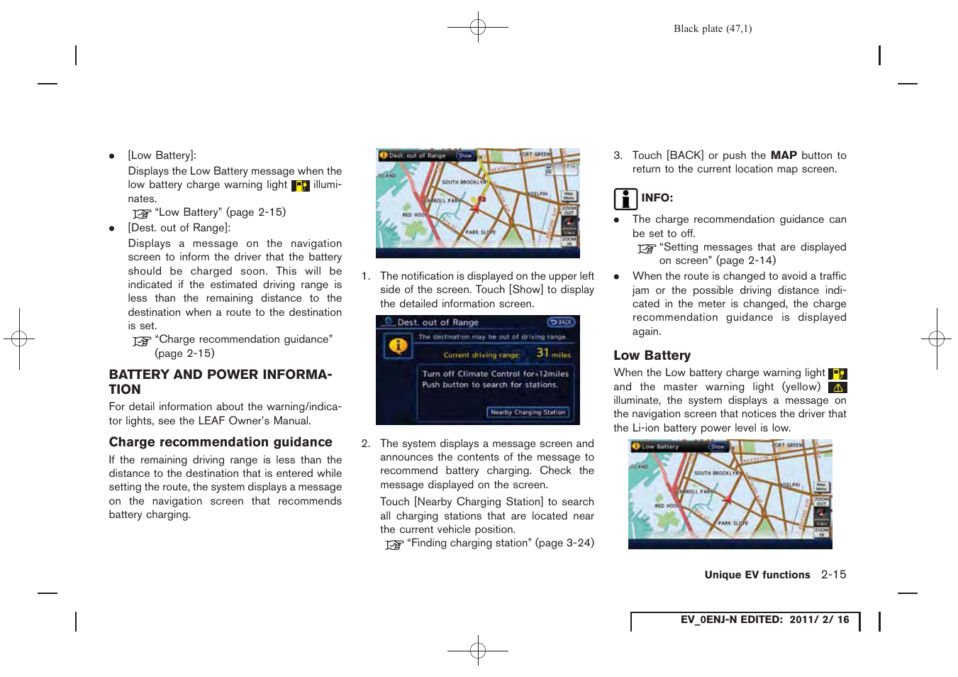 Battery and power information -15 | NISSAN 2011 LEAF - Navigation System Owner's Manual User Manual | Page 53 / 259