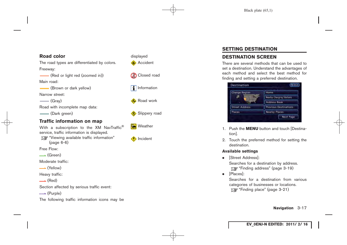 Setting destination -17, Destination screen -17 | NISSAN 2011 LEAF - Navigation System Owner's Manual User Manual | Page 71 / 259