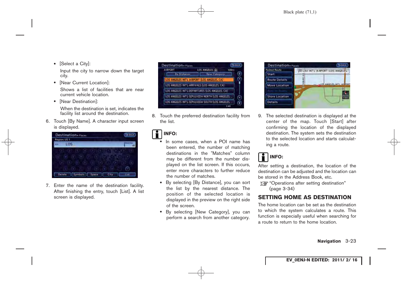 Setting home as destination -23 | NISSAN 2011 LEAF - Navigation System Owner's Manual User Manual | Page 77 / 259