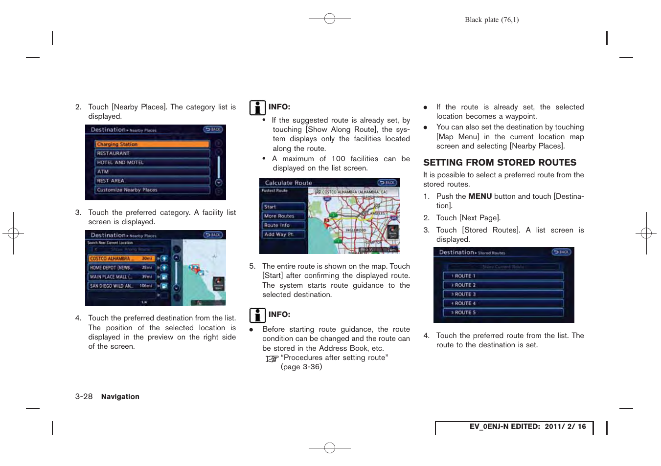 Setting from stored routes -28 | NISSAN 2011 LEAF - Navigation System Owner's Manual User Manual | Page 82 / 259