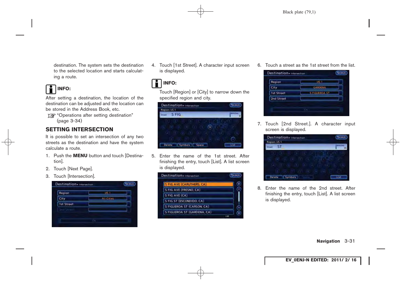 Setting intersection -31 | NISSAN 2011 LEAF - Navigation System Owner's Manual User Manual | Page 85 / 259