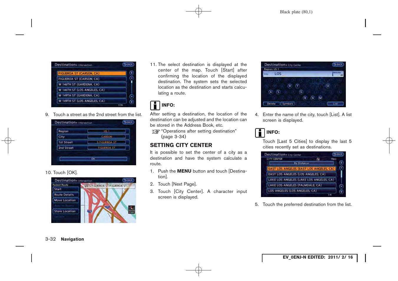 Setting city center -32 | NISSAN 2011 LEAF - Navigation System Owner's Manual User Manual | Page 86 / 259