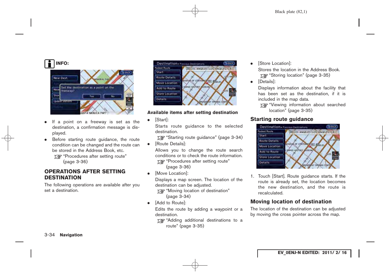 Operations after setting destination -34 | NISSAN 2011 LEAF - Navigation System Owner's Manual User Manual | Page 88 / 259
