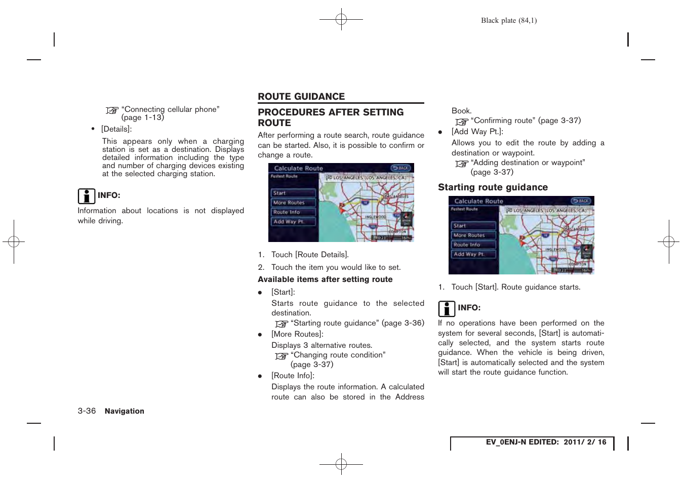 Route guidance -36, Procedures after setting route -36 | NISSAN 2011 LEAF - Navigation System Owner's Manual User Manual | Page 90 / 259