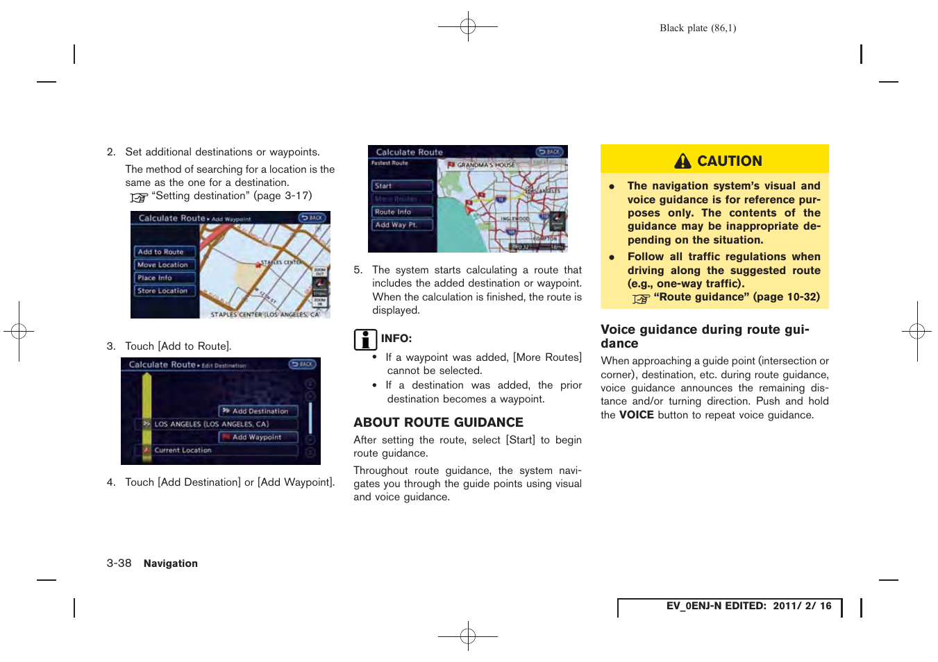 About route guidance -38 | NISSAN 2011 LEAF - Navigation System Owner's Manual User Manual | Page 92 / 259