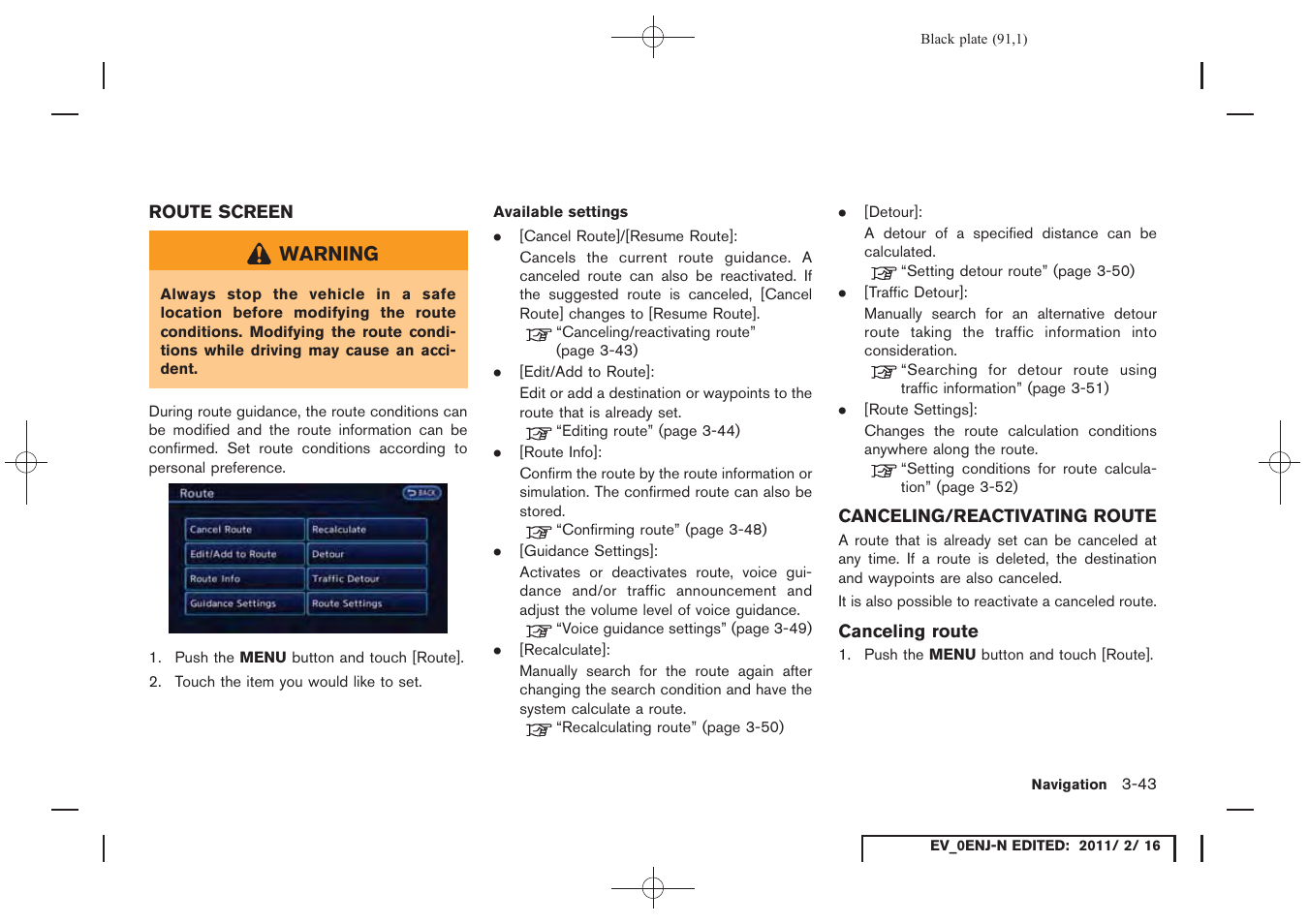 Route screen -43 canceling/reactivating route -43 | NISSAN 2011 LEAF - Navigation System Owner's Manual User Manual | Page 97 / 259