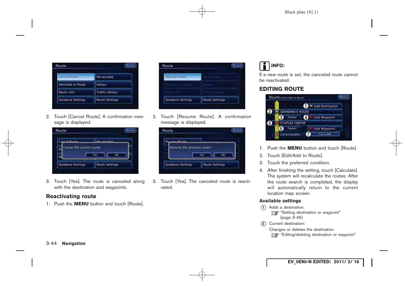 Editing route -44 | NISSAN 2011 LEAF - Navigation System Owner's Manual User Manual | Page 98 / 259