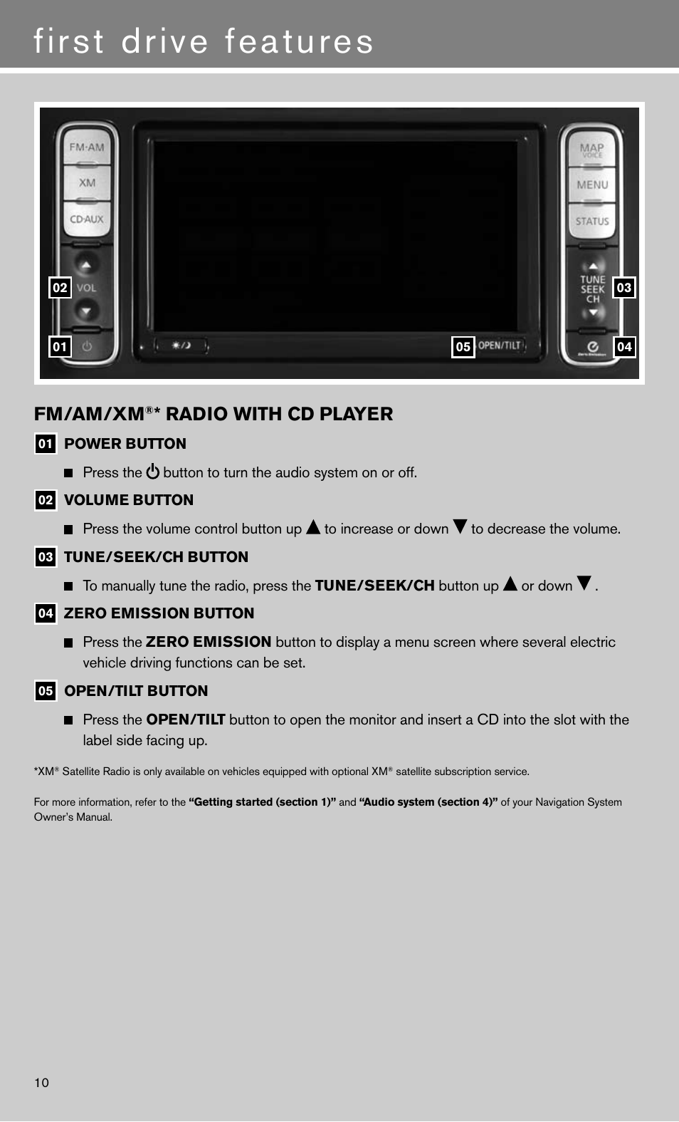 First drive features, Fm/am/xm, Radio with cd player | NISSAN 2011 LEAF - Quick Reference Guide User Manual | Page 12 / 20