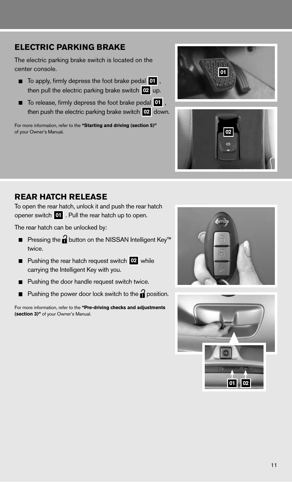 Electric parking brake, Rear hatch release | NISSAN 2011 LEAF - Quick Reference Guide User Manual | Page 13 / 20