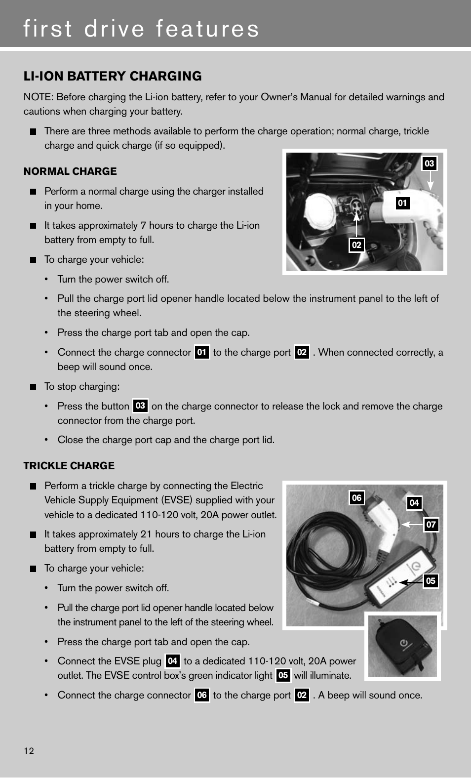 First drive features, Li-ion battery charging | NISSAN 2011 LEAF - Quick Reference Guide User Manual | Page 14 / 20