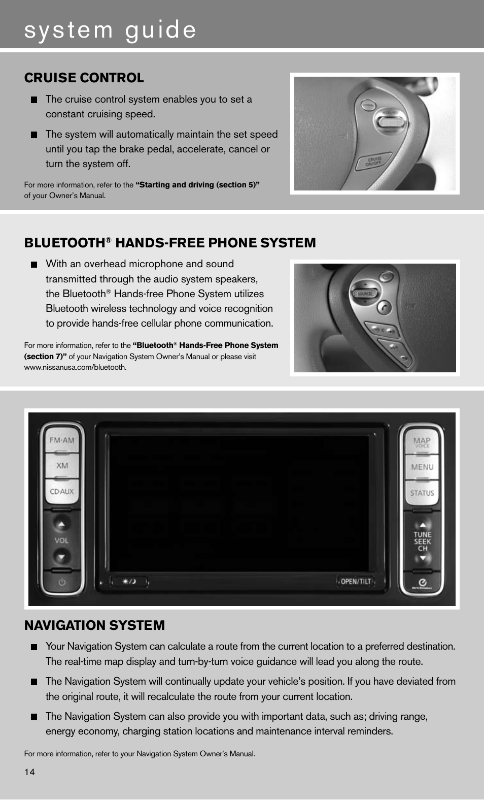 System guide, Bluetooth, Hands-free phone system | Cruise control, Navigation system | NISSAN 2011 LEAF - Quick Reference Guide User Manual | Page 16 / 20