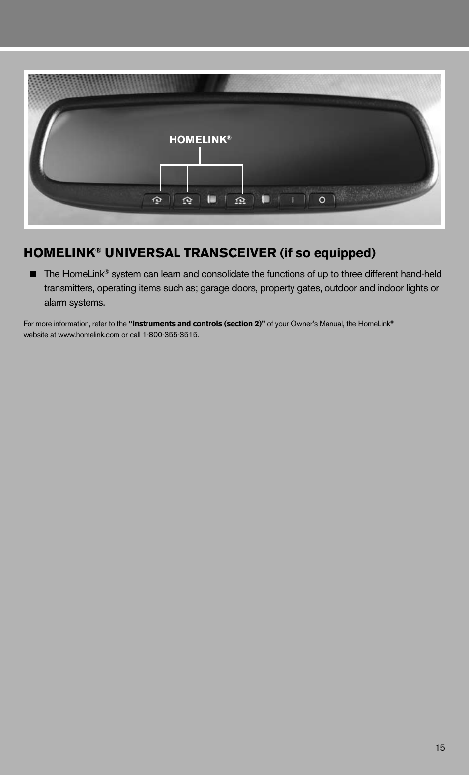 Homelink, Universal transceiver (if so equipped) | NISSAN 2011 LEAF - Quick Reference Guide User Manual | Page 17 / 20