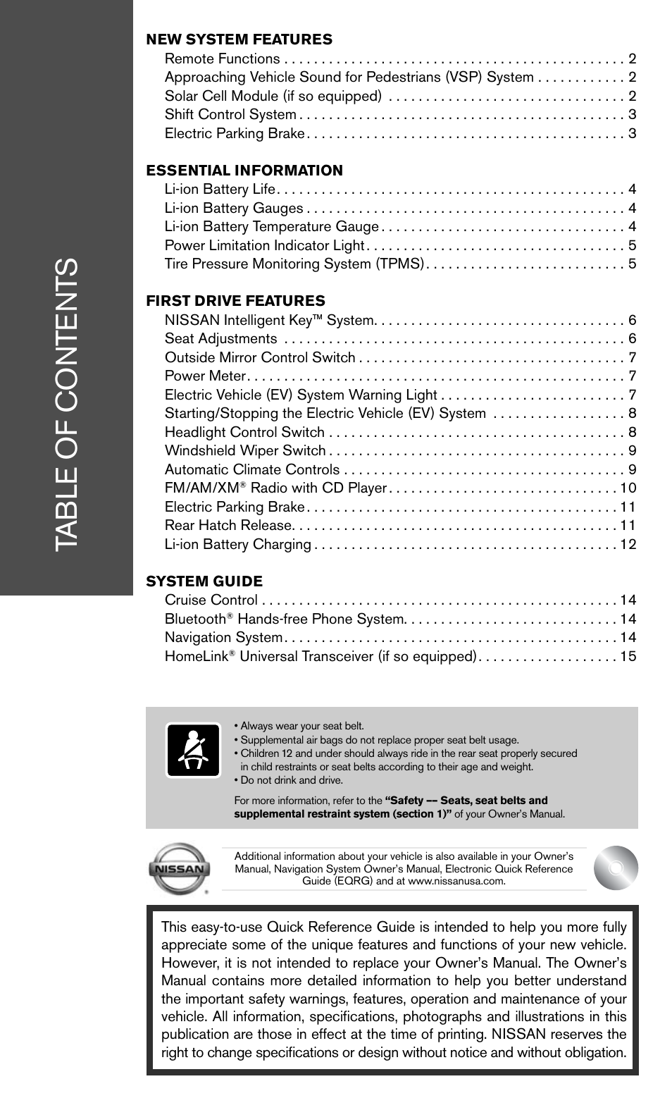 NISSAN 2011 LEAF - Quick Reference Guide User Manual | Page 3 / 20