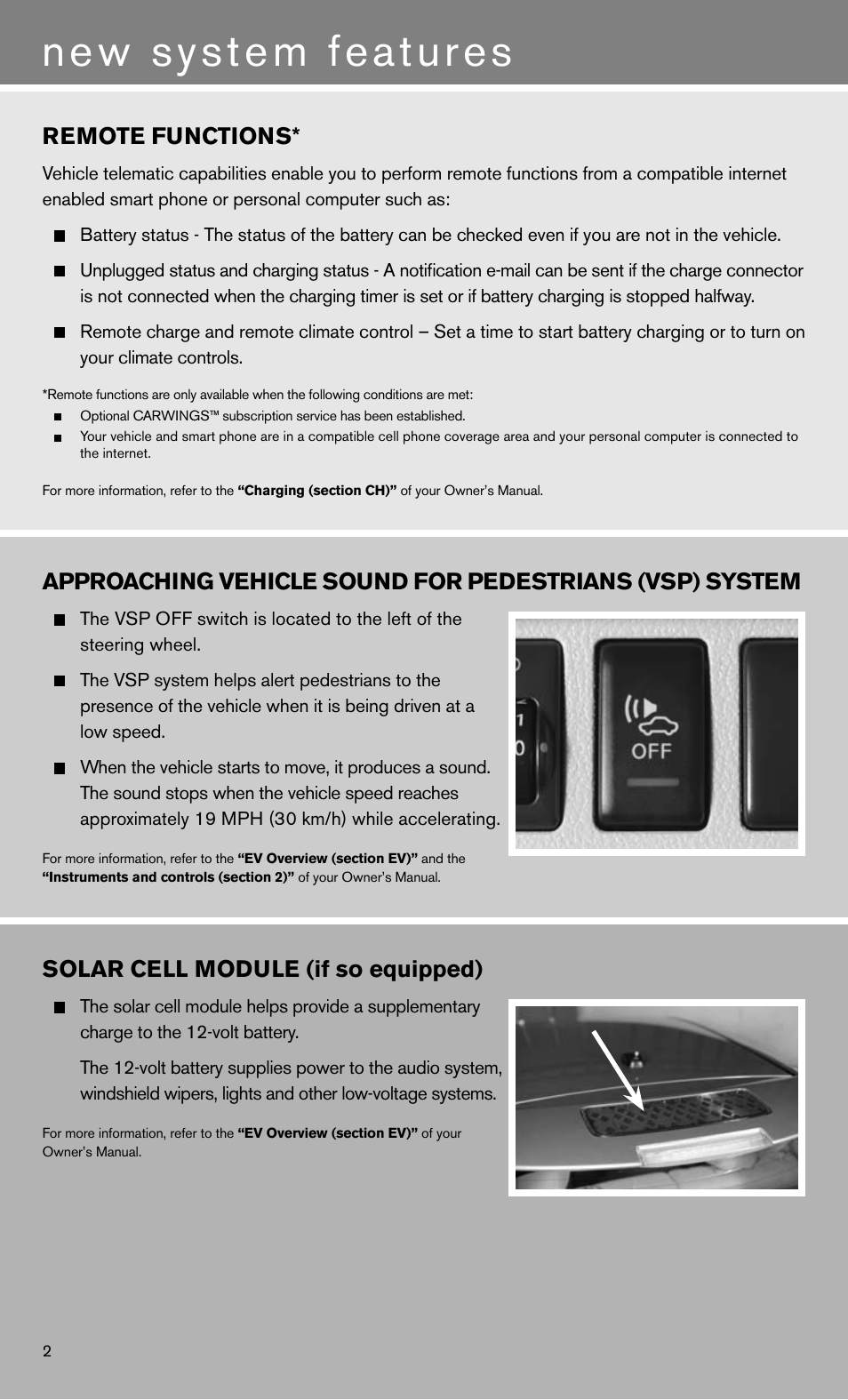 New system features, Solar cell module (if so equipped), Remote functions | NISSAN 2011 LEAF - Quick Reference Guide User Manual | Page 4 / 20