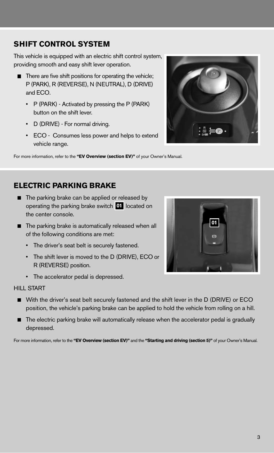 Shift control system, Electric parking brake | NISSAN 2011 LEAF - Quick Reference Guide User Manual | Page 5 / 20