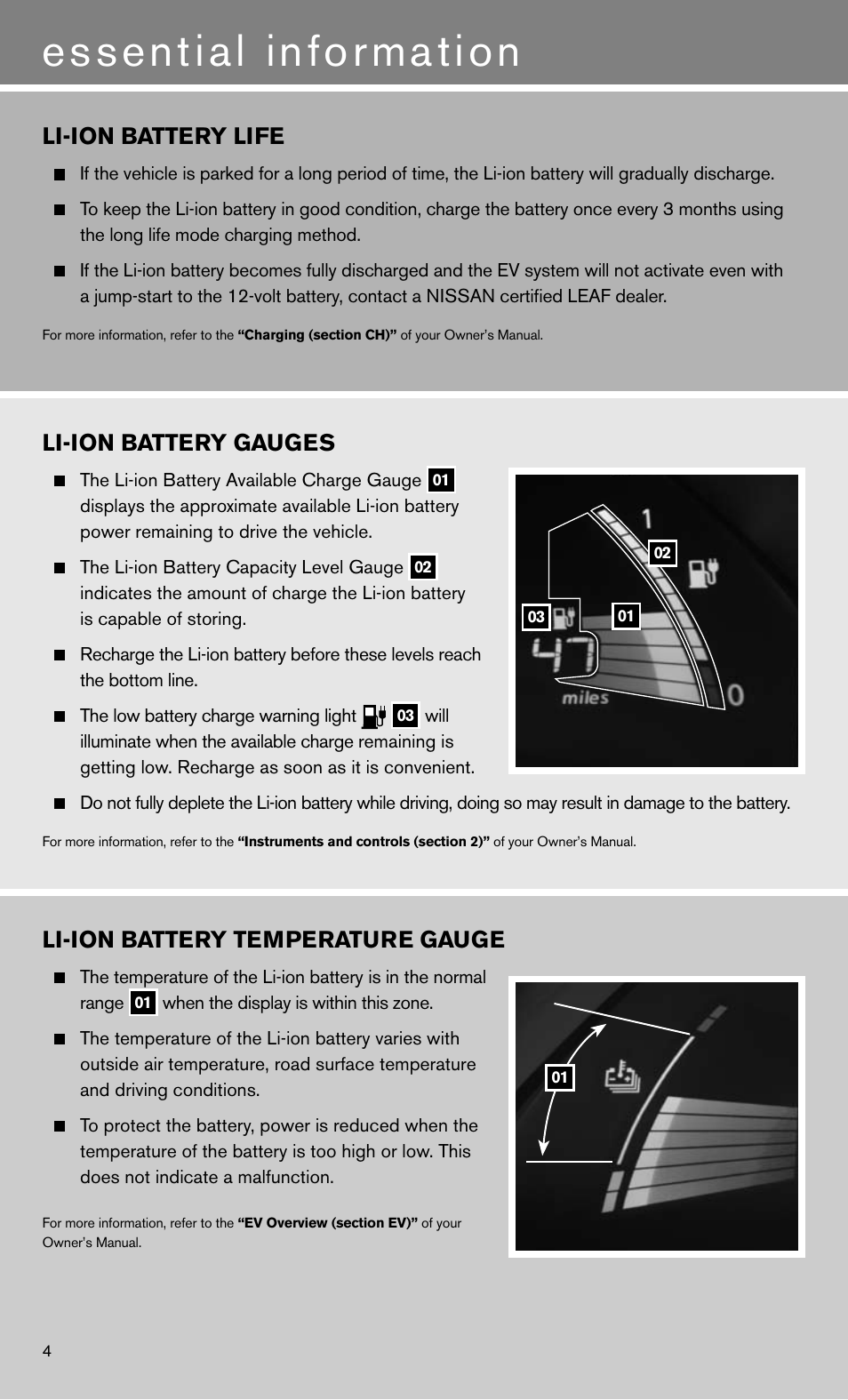 Essential information, Li-ion battery life, Li-ion battery gauges | Li-ion battery temperature gauge | NISSAN 2011 LEAF - Quick Reference Guide User Manual | Page 6 / 20