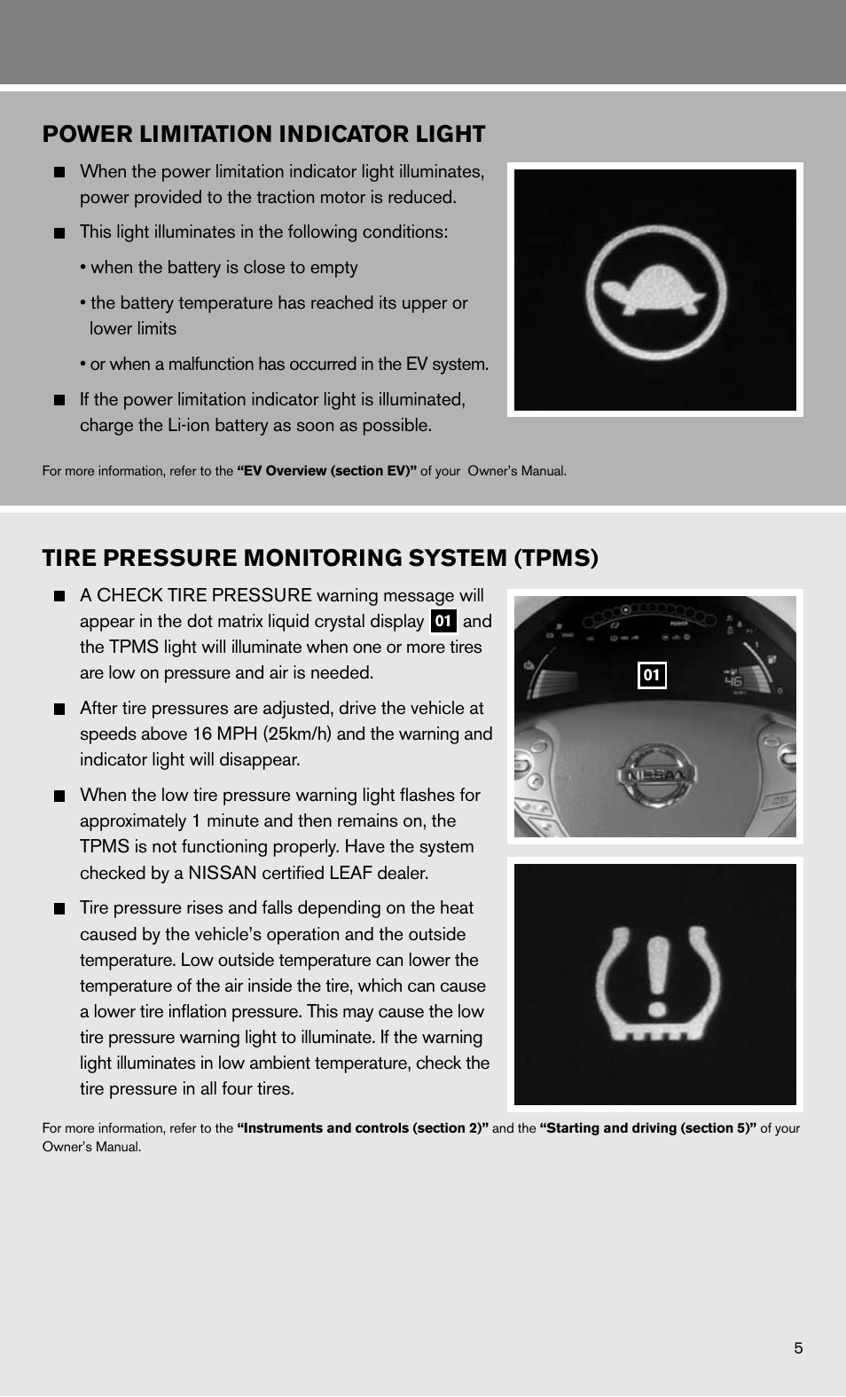 Power limitation indicator light, Tire pressure monitoring system (tpms) | NISSAN 2011 LEAF - Quick Reference Guide User Manual | Page 7 / 20