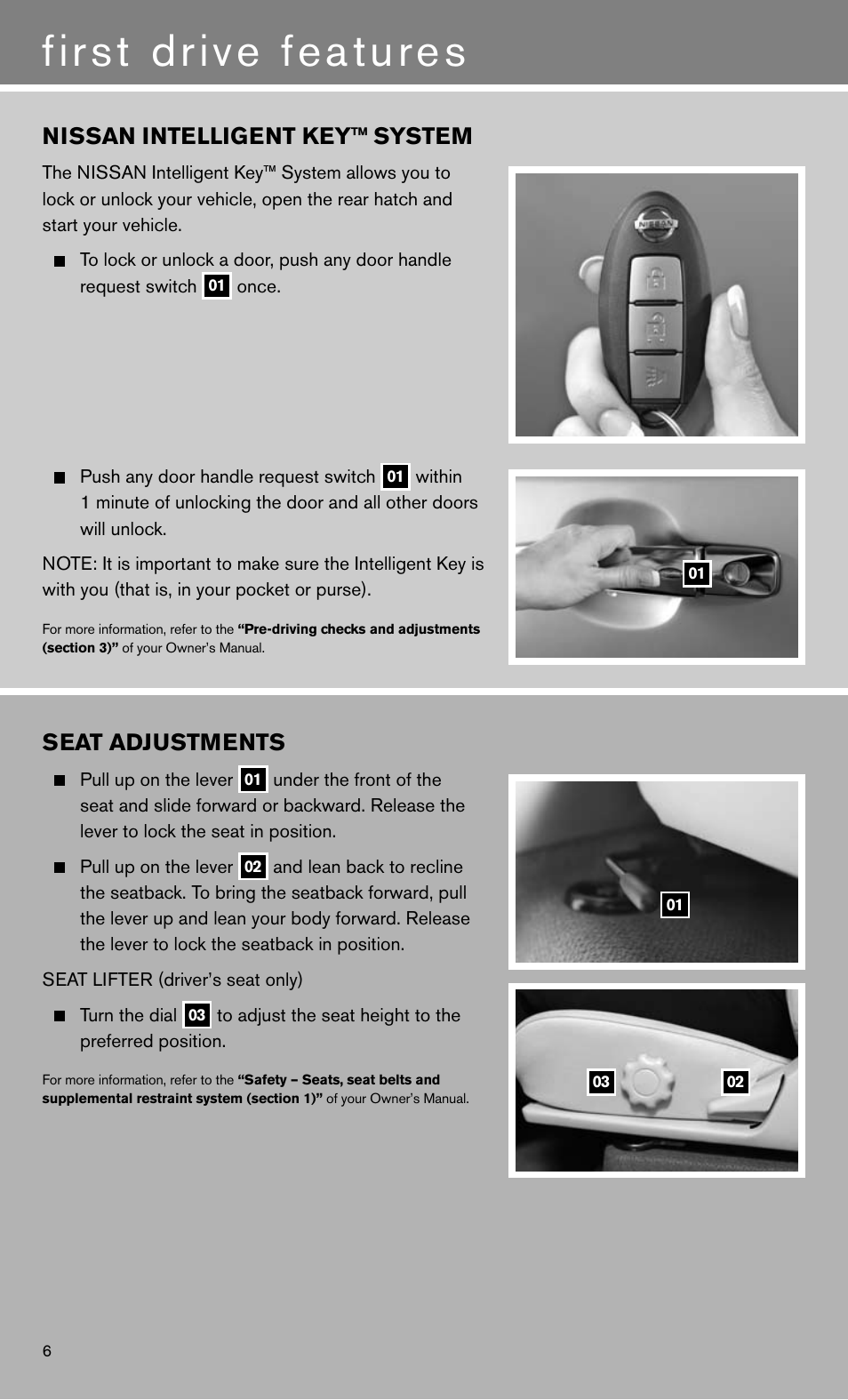 First drive features, Nissan intelligent key™ system, Seat adjustments | NISSAN 2011 LEAF - Quick Reference Guide User Manual | Page 8 / 20
