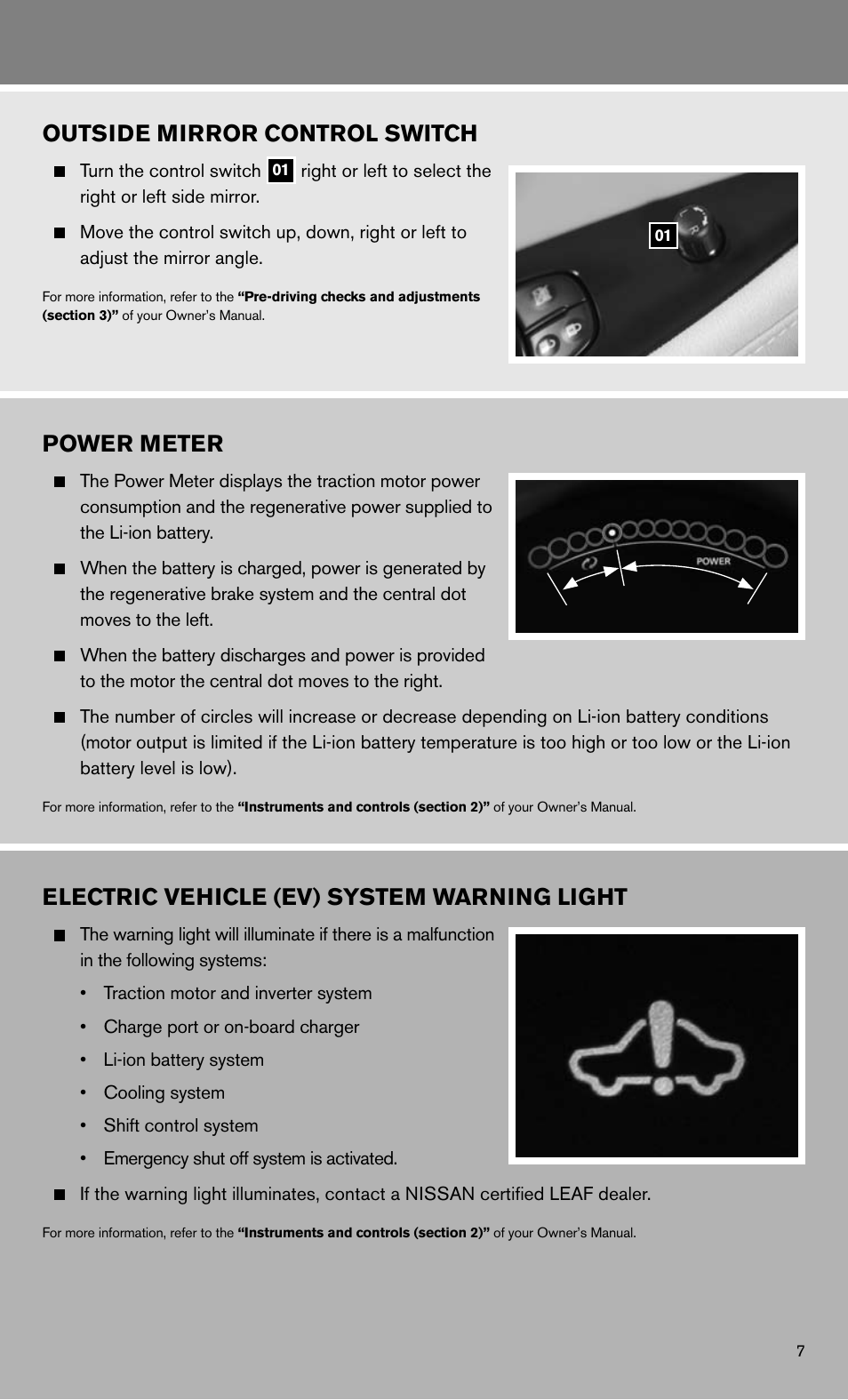 Electric vehicle (ev) system warning light, Power meter, Outside mirror control switch | NISSAN 2011 LEAF - Quick Reference Guide User Manual | Page 9 / 20