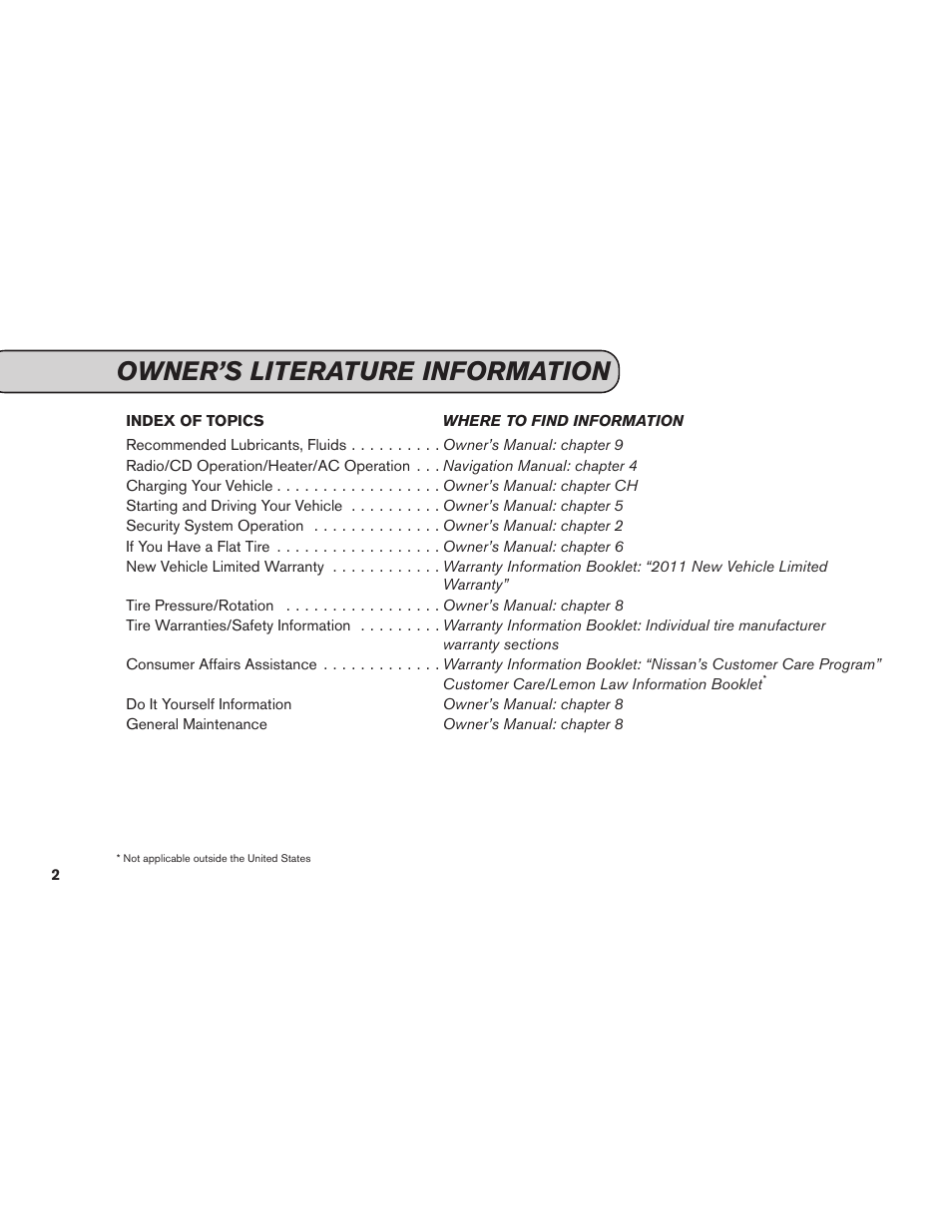 Owner's literature information, Owner’s literature information | NISSAN 2011 LEAF - Service & Maintenance Guide User Manual | Page 3 / 40